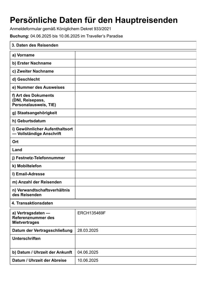 Anmeldeformular Vermieter Ferienwohnung Spanien